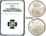 ZE82, Denmark, Christian X, 10 Øre 1915, Copenhagen, Silver, NGC MS66