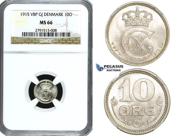 ZE82, Denmark, Christian X, 10 Øre 1915, Copenhagen, Silver, NGC MS66