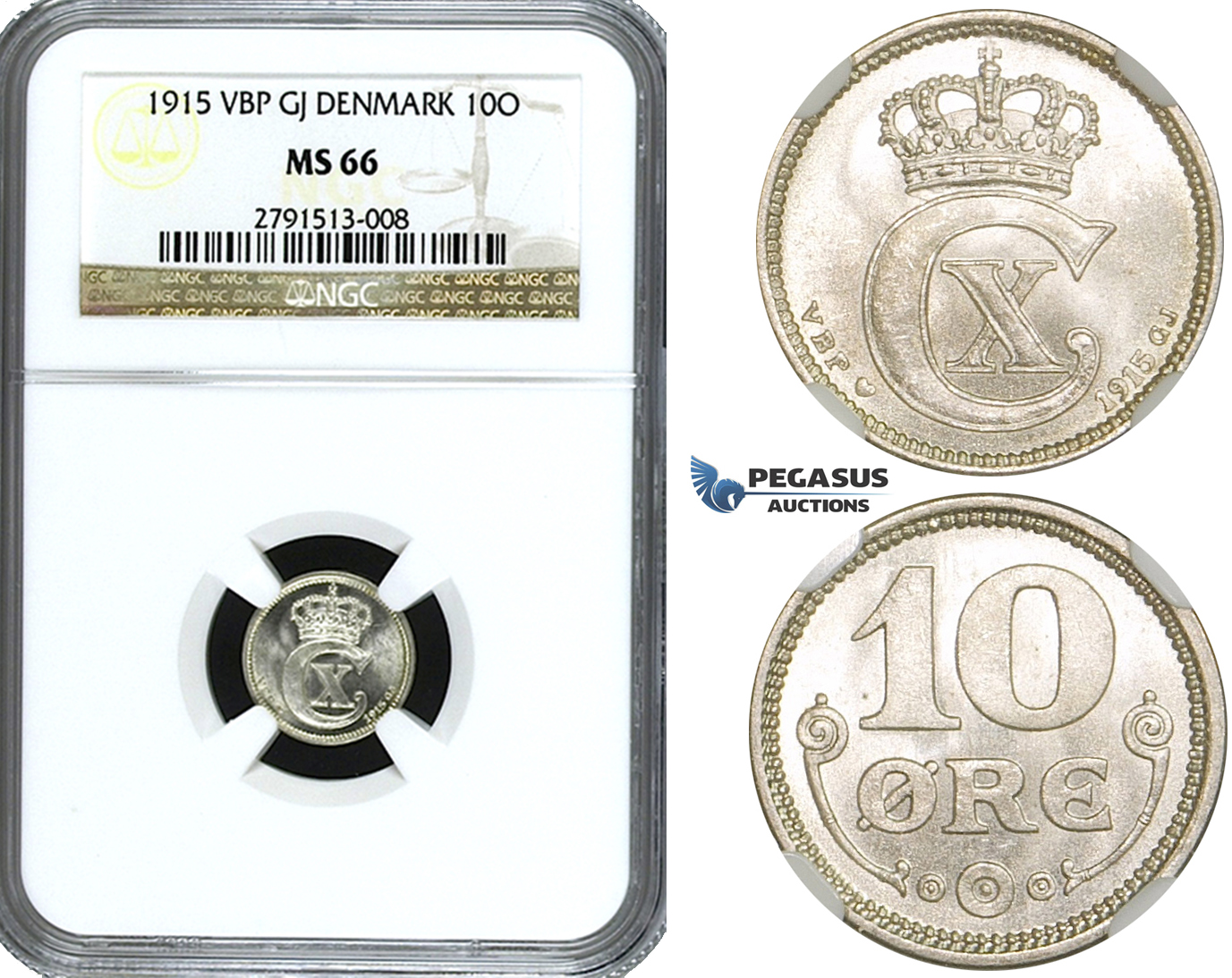 ZE82, Denmark, Christian X, 10 Øre 1915, Copenhagen, Silver, NGC MS66