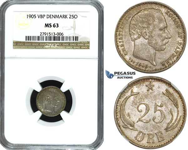ZE83, Denmark, Christian IX, 25 Øre 1905, Copenhagen, Silver, NGC MS63