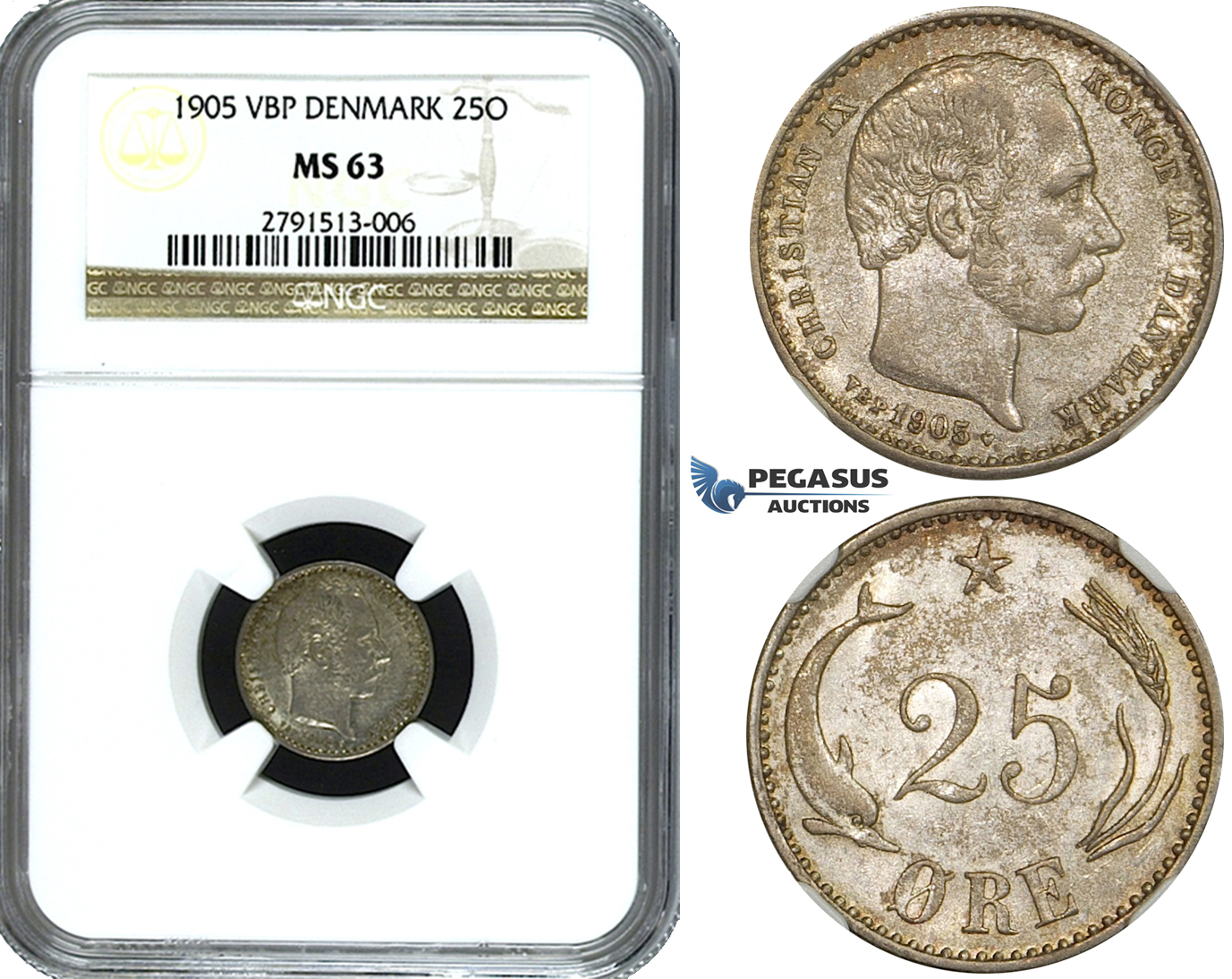 ZE83, Denmark, Christian IX, 25 Øre 1905, Copenhagen, Silver, NGC MS63