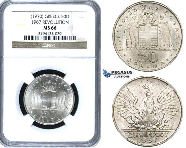 ZE93, Greece, 50 Drachmai 1967 (1970) Silver, NGC MS66