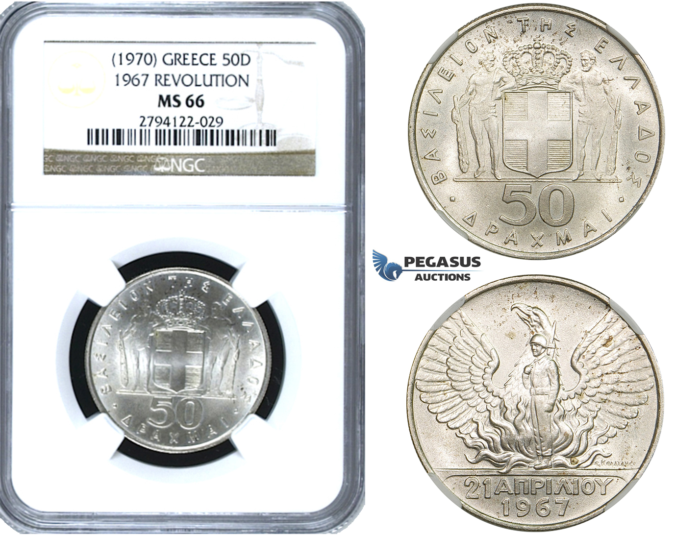ZE93, Greece, 50 Drachmai 1967 (1970) Silver, NGC MS66
