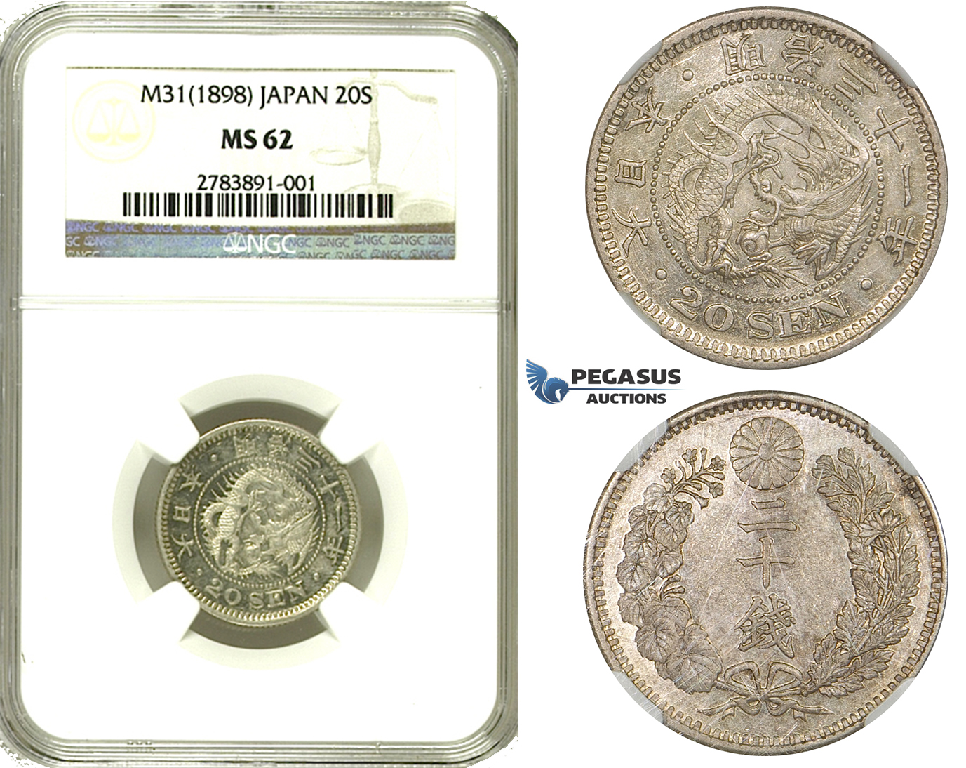 ZE96, Japan, Meiji, 20 Sen Year 31 (1898) Silver, NGC MS62