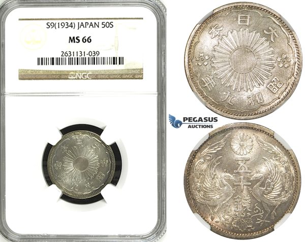 ZE97, Japan, Showa, 50 Sen Year 9 (1934) Silver, NGC MS66