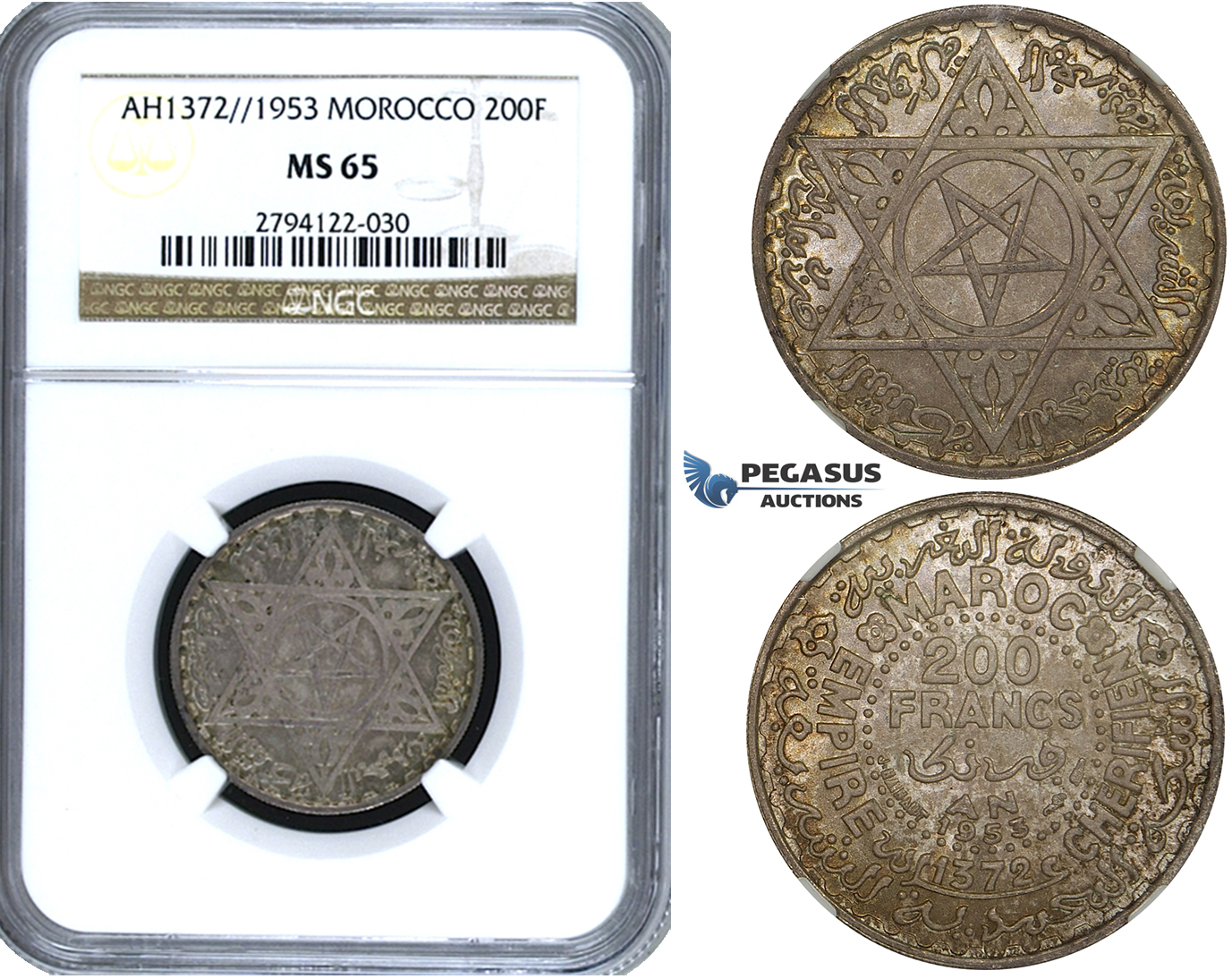 ZF02, Morocco, Mohammed V, 200 Francs 1953, Paris, Silver, NGC MS65