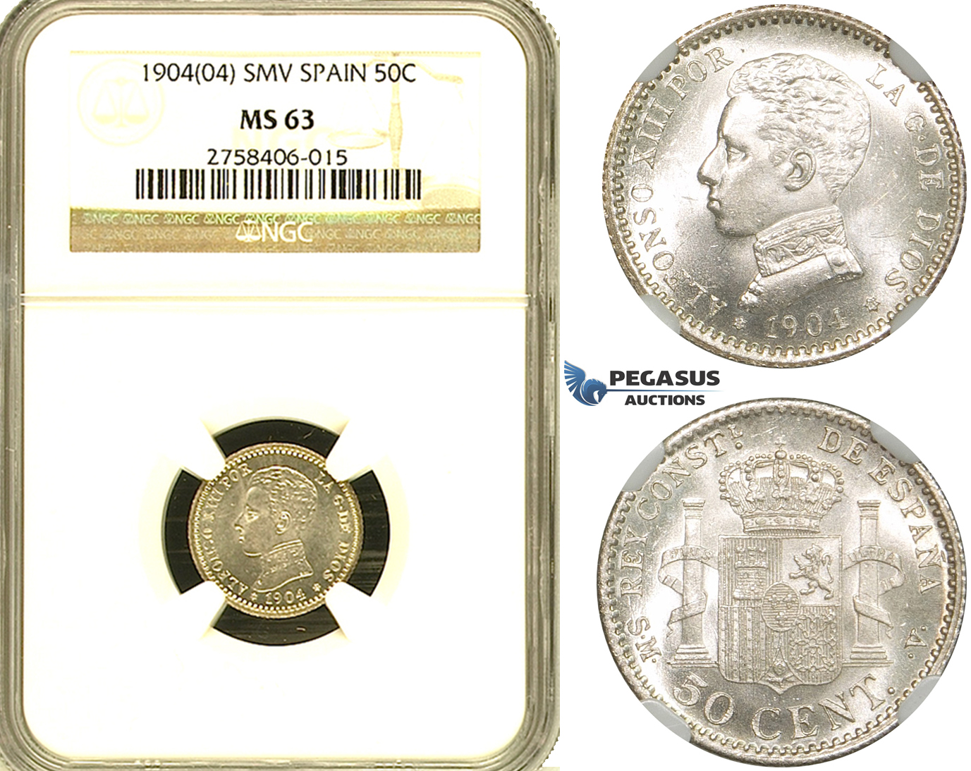 ZF05, Spain, Alfonso XIII, 50 Centimos 1904 (04) SMV, Madrid, Silver, NGC MS63