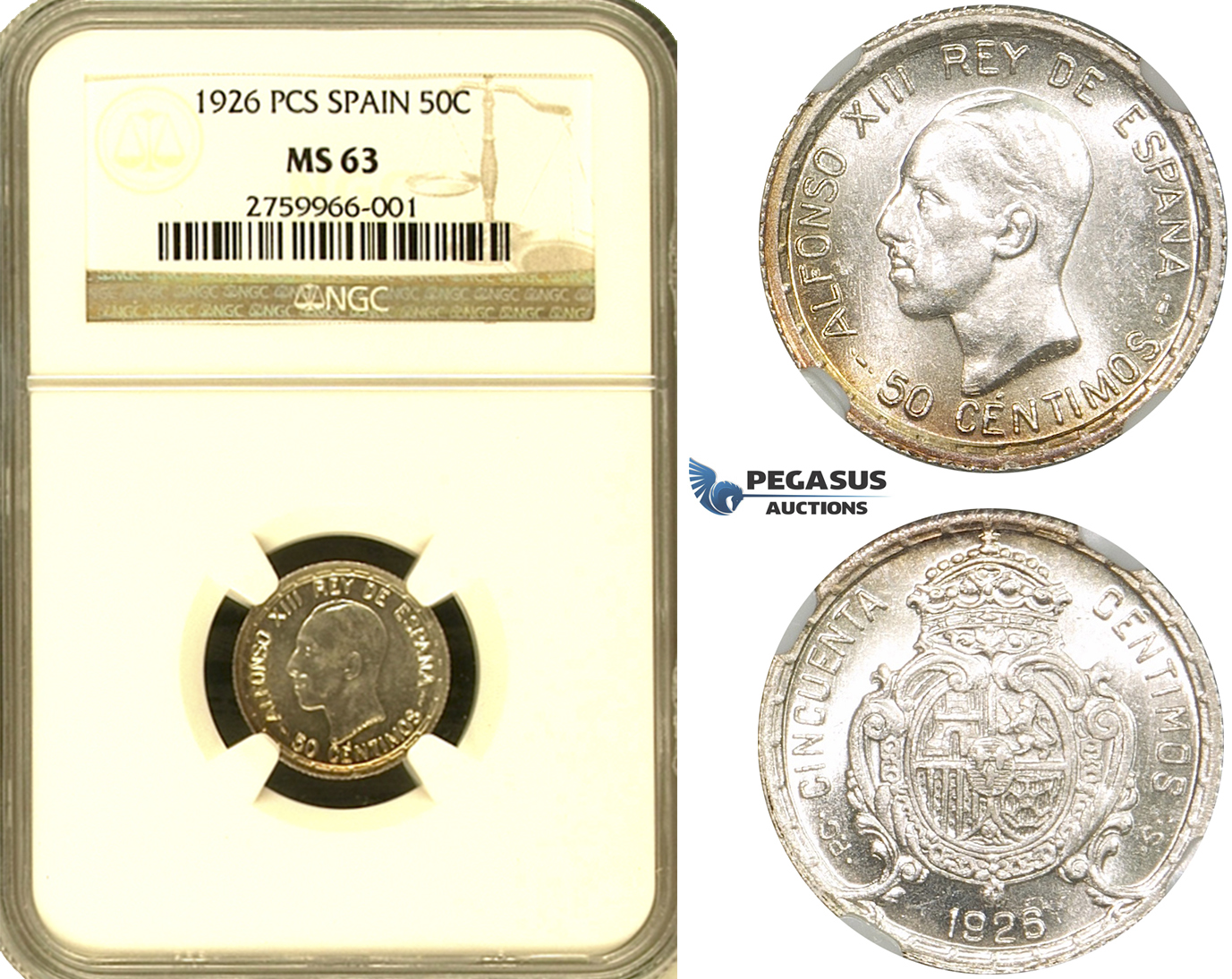ZF06, Spain, Alfonso XIII, 50 Centimos 1926 PCS, Silver, NGC MS63