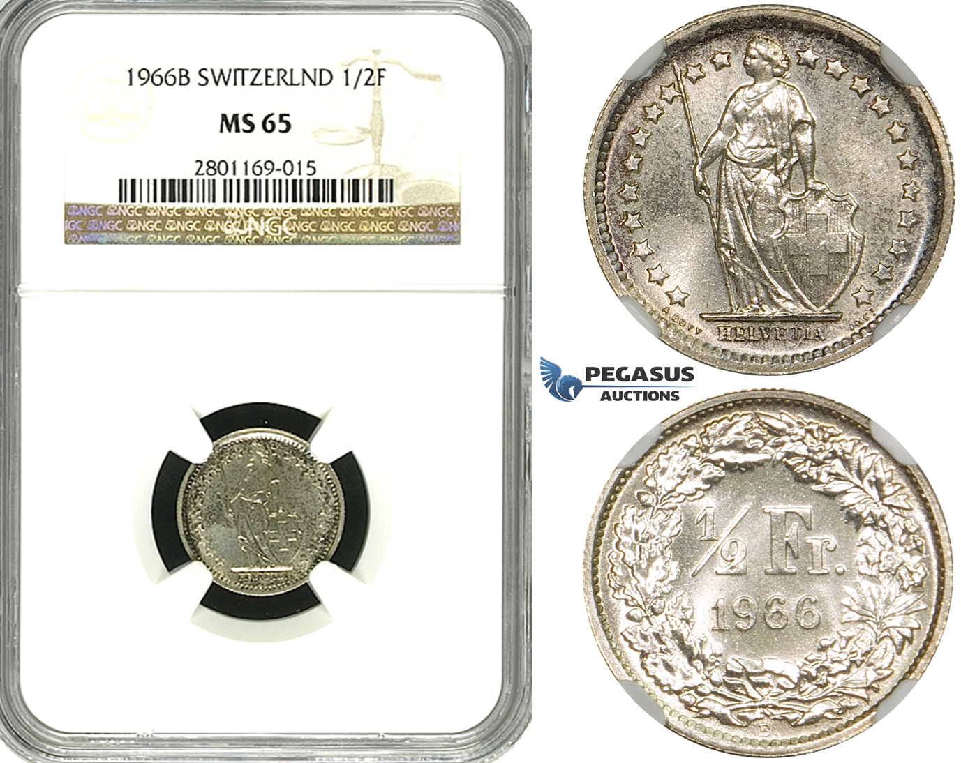 ZF17, Switzerland, 1/2 Franc 1966-B, Bern, Silver, NGC MS65