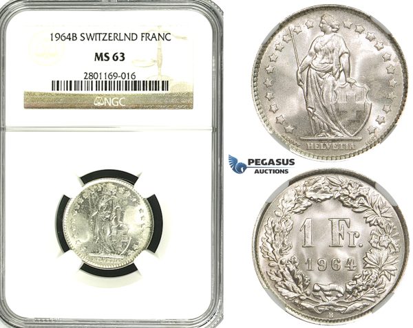 ZF18, Switzerland, 1 Franc 1964-B, Bern, Silver, NGC MS63