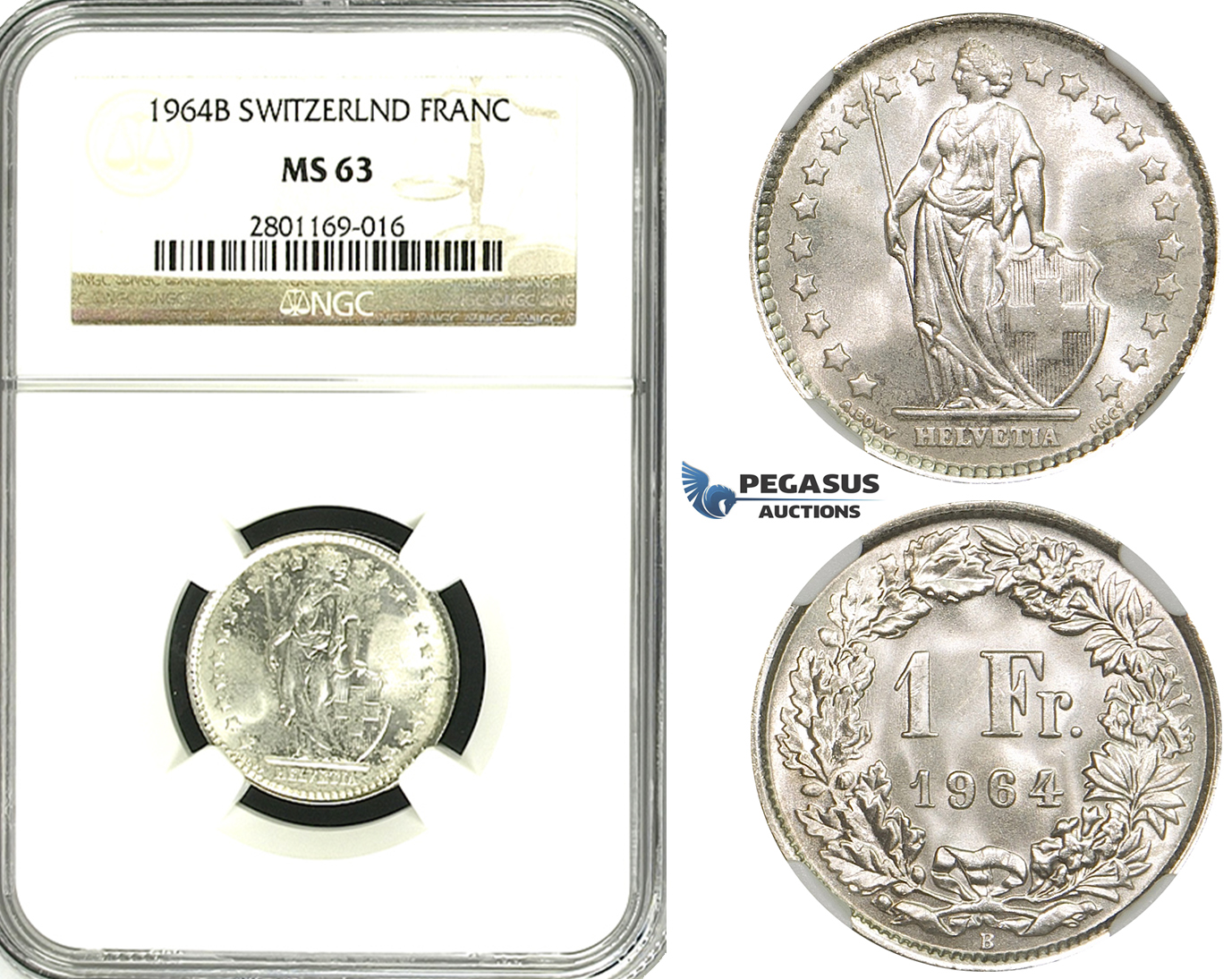 ZF18, Switzerland, 1 Franc 1964-B, Bern, Silver, NGC MS63