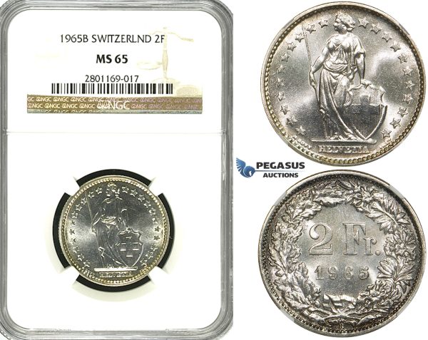 ZF19, Switzerland, 2 Francs 1965-B, Bern, Silver, NGC MS65