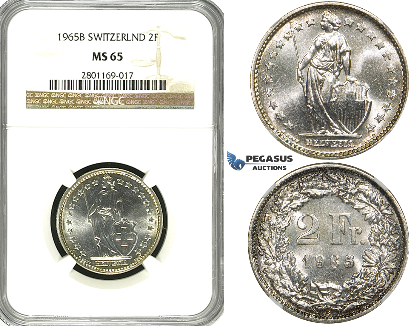 ZF19, Switzerland, 2 Francs 1965-B, Bern, Silver, NGC MS65