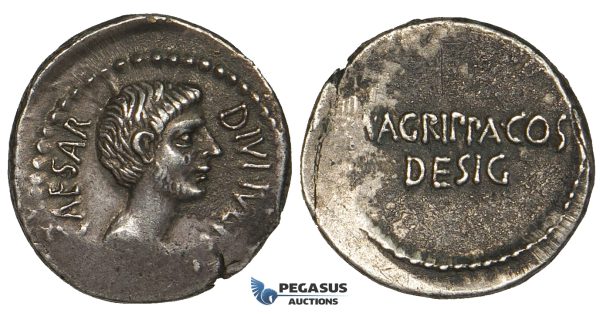 ZF25, Roman Imperatorial, The Triumvirs, Octavian and Agrippa (38 BC) AR Denarius (3.93g). Military mint, gVF-EF, flaws, off-centered, Rare!
