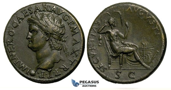 ZF27, Roman Empire, Nero  (54-68 AD) Æ Dupondius (12.11g) Lugdunum (Lyon) 67 AD, Securitas, EF