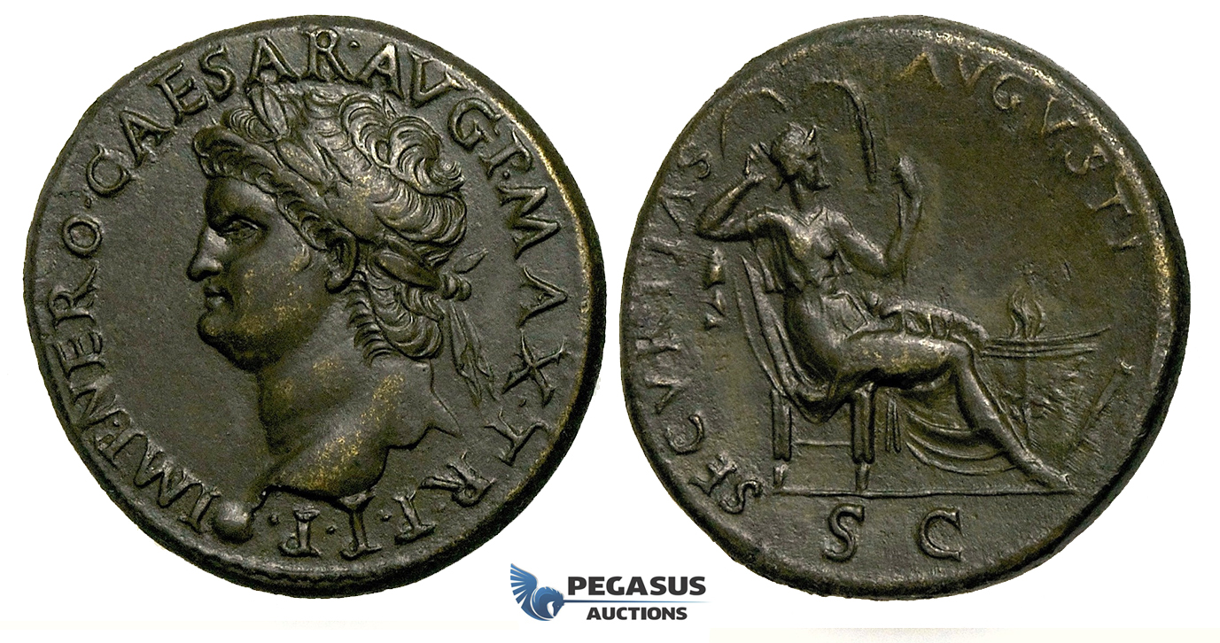 ZF27, Roman Empire, Nero  (54-68 AD) Æ Dupondius (12.11g) Lugdunum (Lyon) 67 AD, Securitas, EF