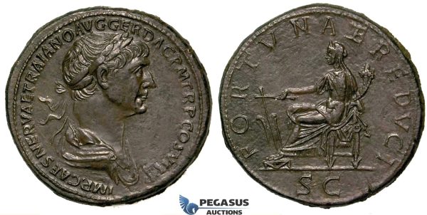 ZF29, Roman Empire, Trajan (98-117 AD) Æ Sestertius (28.32g) Rome, 112-114 AD, Fortuna, EF (Smoothing)