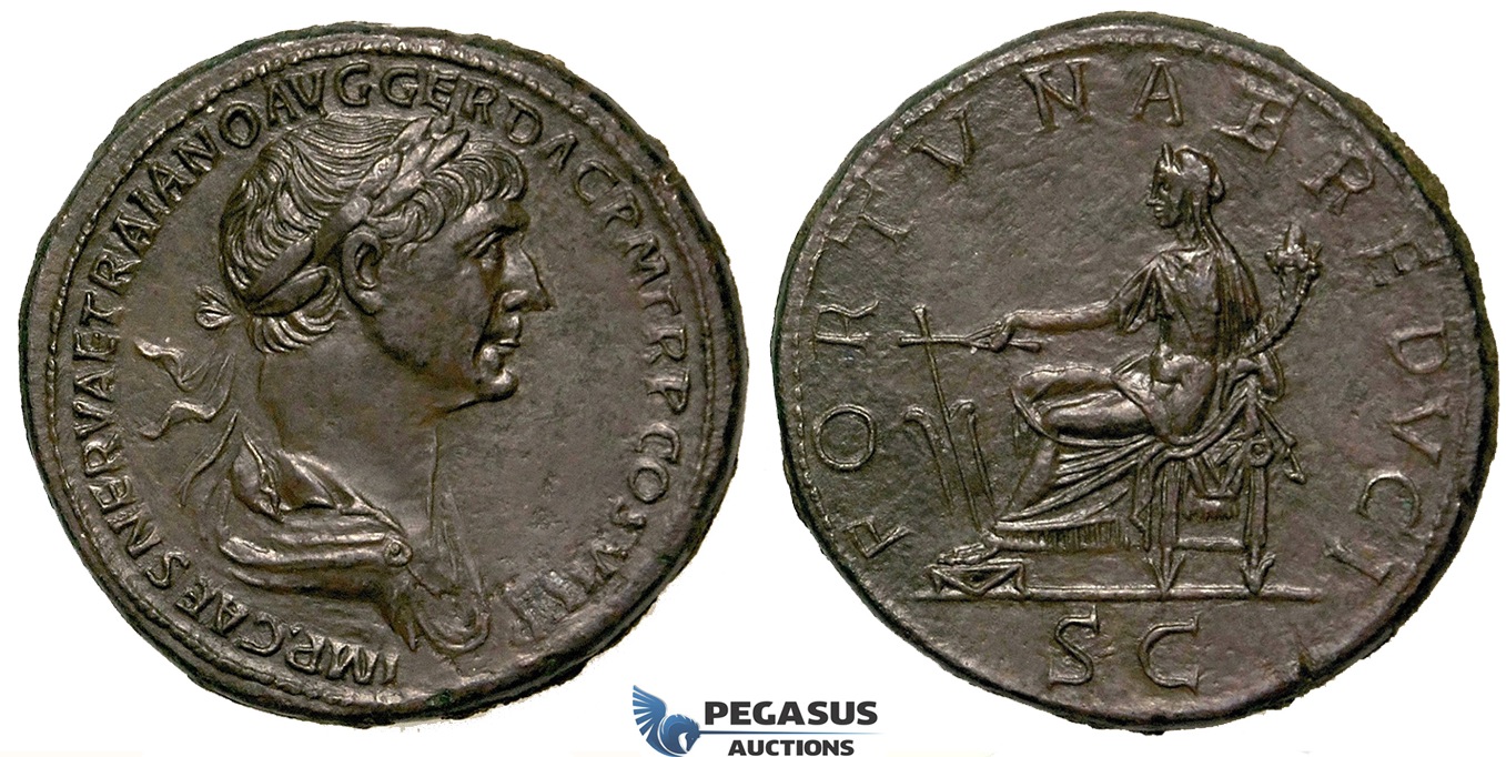 ZF29, Roman Empire, Trajan (98-117 AD) Æ Sestertius (28.32g) Rome, 112-114 AD, Fortuna, EF (Smoothing)
