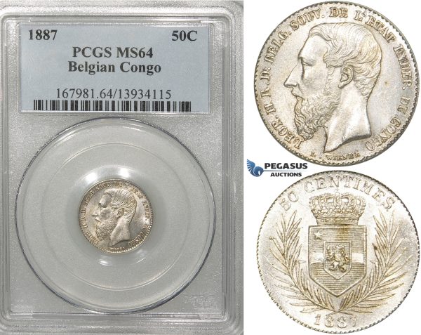 ZF32, Belgian Congo, Leopold II, 50 Centimes 1887, Silver, PCGS MS64