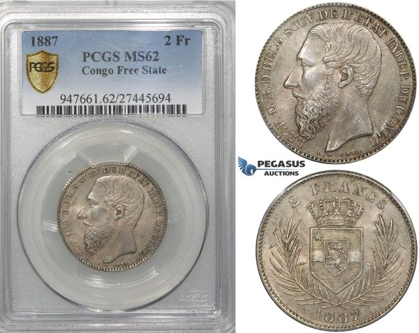 ZF33, Belgian Congo, Leopold II, 2 Francs 1887, Silver, PCGS MS62