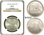 ZF34, Belgian Congo, Leopold III, 50 Francs 1944, Silver, NGC MS62