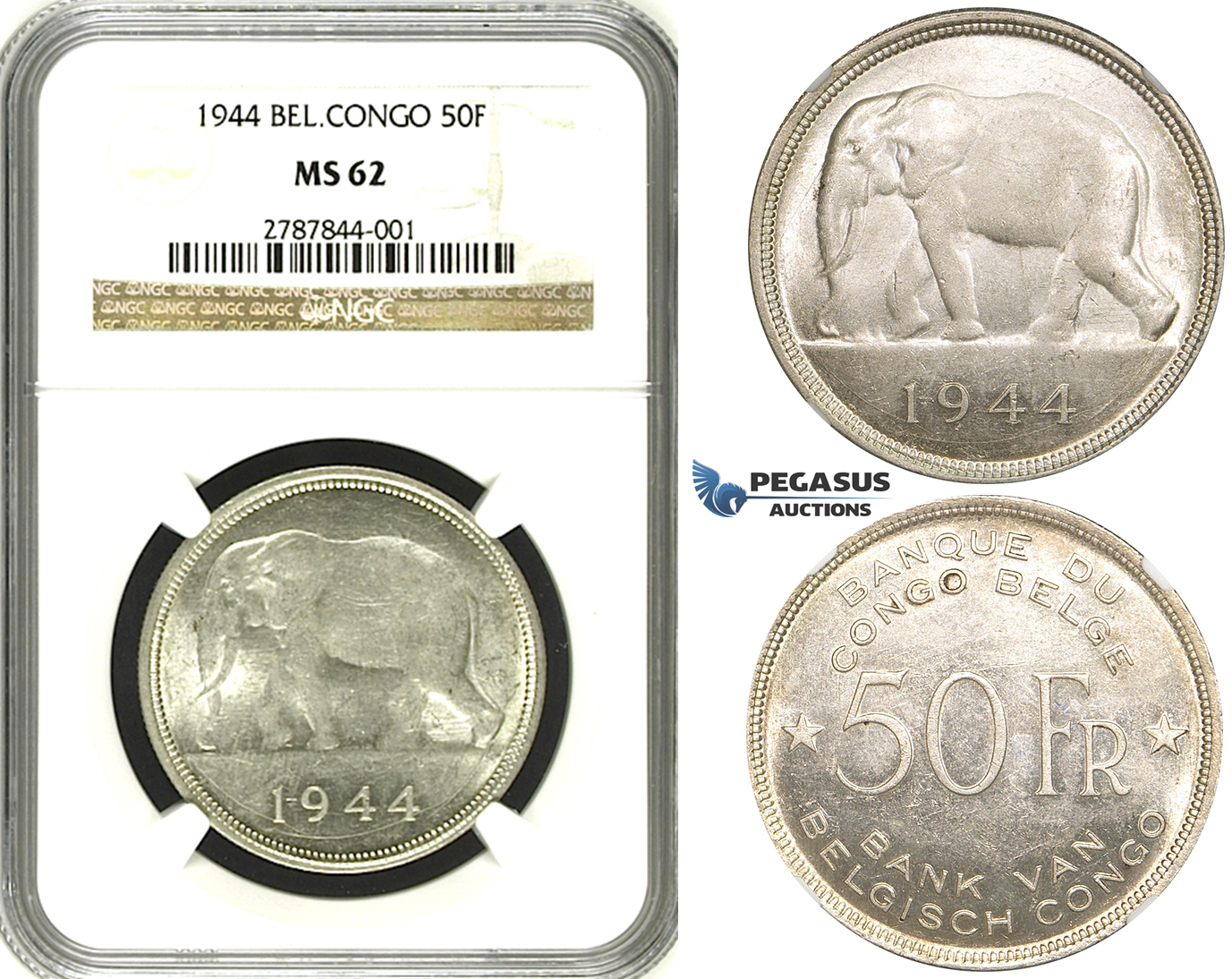 ZF34, Belgian Congo, Leopold III, 50 Francs 1944, Silver, NGC MS62