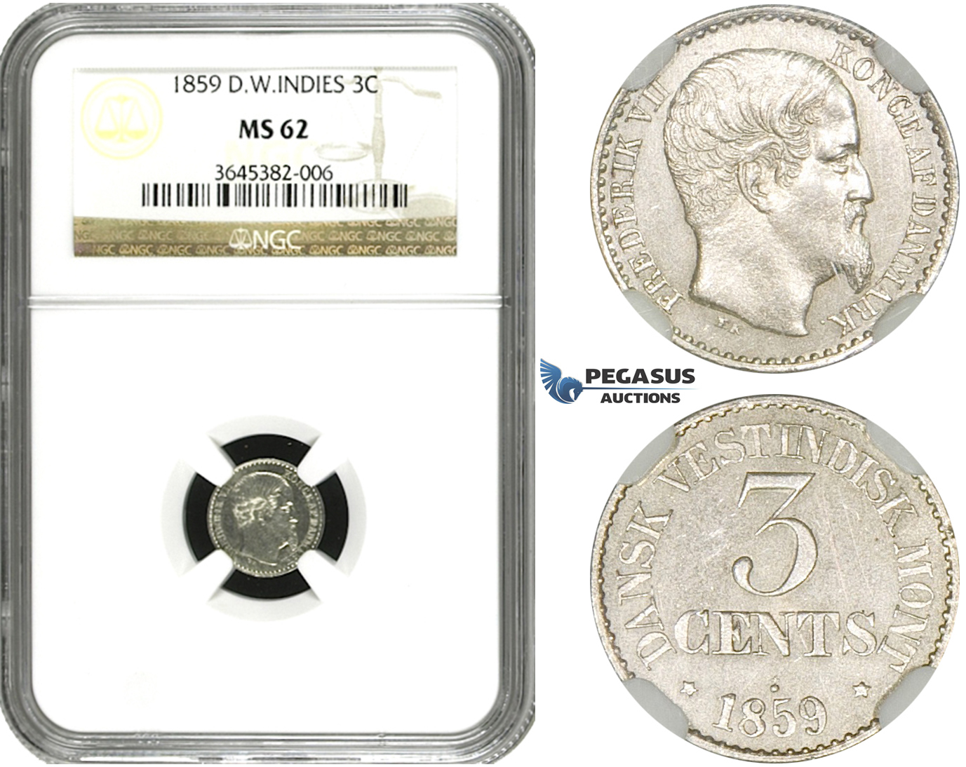 ZF35, Danish West Indies, Frederik VII, 3 Cents 1859, Silver, NGC MS62