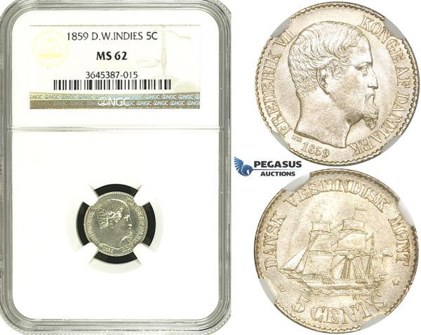 ZF36, Danish West Indies, Frederik VII, 5 Cents 1859, Silver, NGC MS62