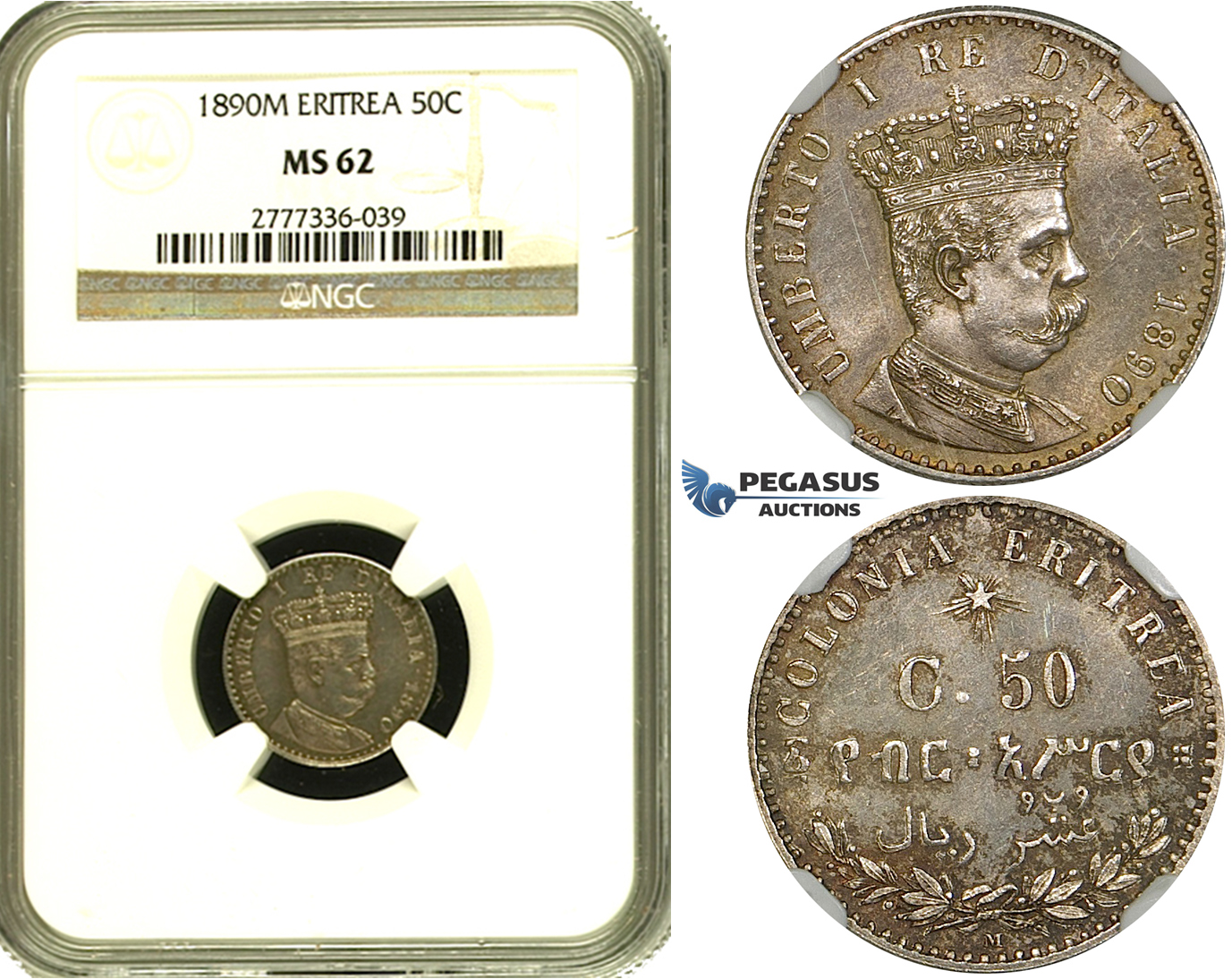 ZF39, Eritrea, Umberto I, 50 Centesimi 1890­-M, Milan, Silver, NGC MS62