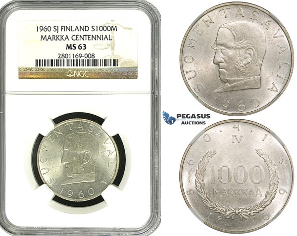 ZF40, Finland, 1000 Markkaa 1960, Silver, NGC MS63