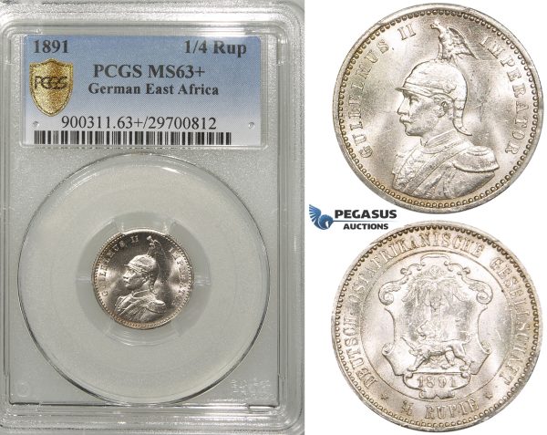ZF42, German East Africa (DOA) Wilhelm II, 1/4 Rupie 1891, Silver, PCGS MS63+