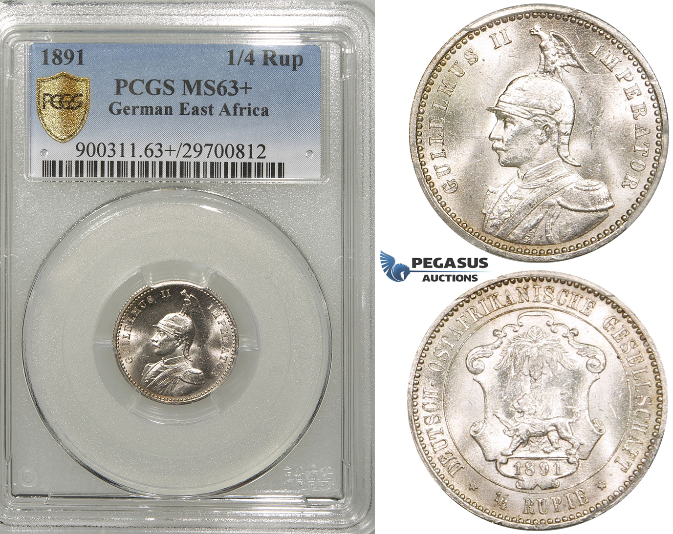 ZF42, German East Africa (DOA) Wilhelm II, 1/4 Rupie 1891, Silver, PCGS MS63+