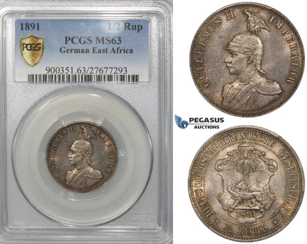 ZF43, German East Africa (DOA) Wilhelm II, 1/2 Rupie 1891, Silver, PCGS MS63