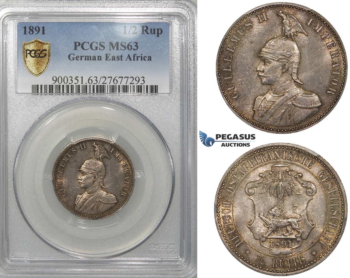 ZF43, German East Africa (DOA) Wilhelm II, 1/2 Rupie 1891, Silver, PCGS MS63