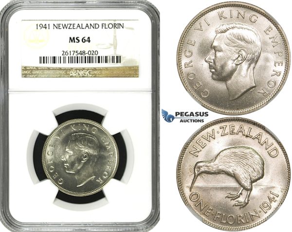 ZF46, New Zealand, George VI, Florin 1941, Silver, NGC MS64 (Pop 1/3, No finer!)