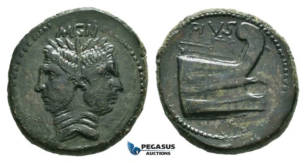 ZF49, Roman Imperatorial, Sextus Pompeius (d. 35 BC) Æ As (22.23g) Spain and Sicily, 42-38 BC, Dark green patina, VF-EF, Good details!