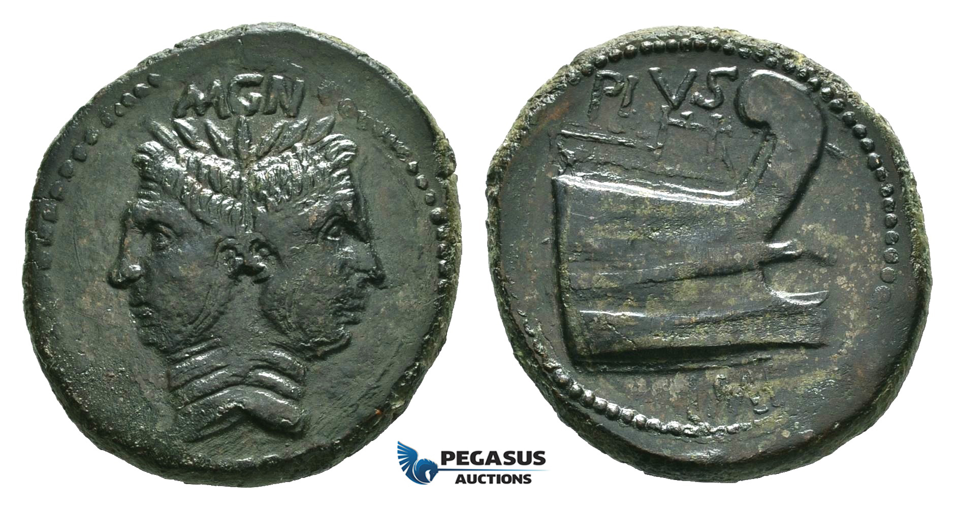 ZF49, Roman Imperatorial, Sextus Pompeius (d. 35 BC) Æ As (22.23g) Spain and Sicily, 42-38 BC, Dark green patina, VF-EF,  Good details!