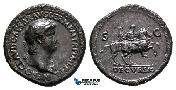 ZF50, Roman Empire, Nero (54-68 AD) Æ Sestertius (25.51g) Rome, 63 AD, Soldiers on Horseback, Dark brown patina, VF (Smoothing)