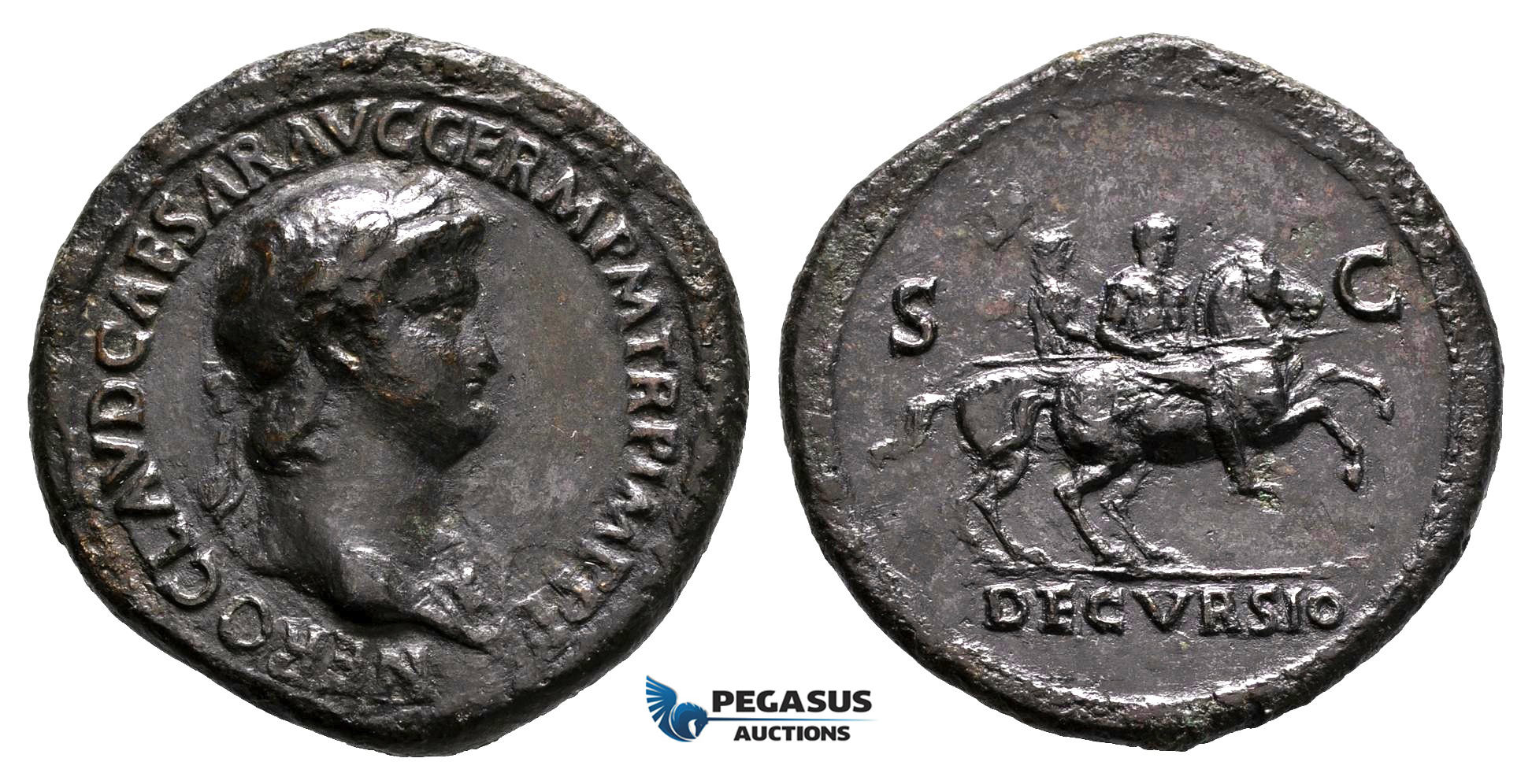 ZF50, Roman Empire, Nero (54-68 AD) Æ Sestertius (25.51g) Rome, 63 AD, Soldiers on Horseback, Dark brown patina, VF (Smoothing)