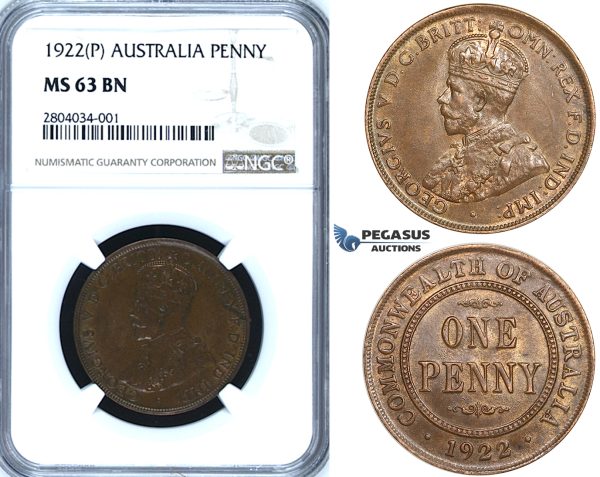 ZF52, Australia, George V, 1 Penny 1922 (P) Perth, NGC MS63BN