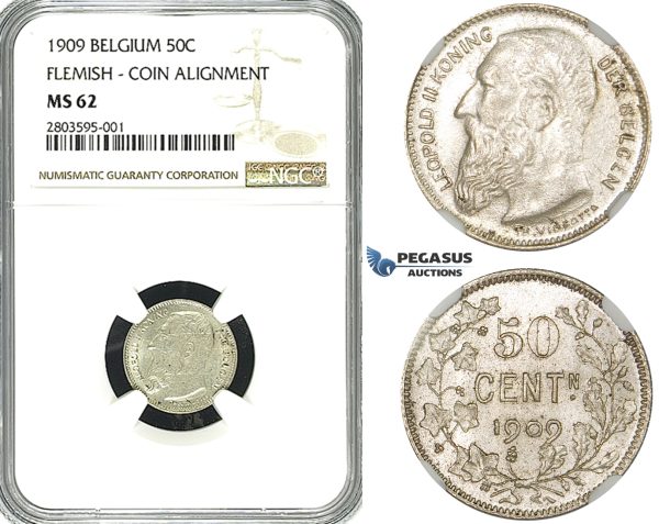 ZF53, Belgium, Leopold II, 50 Centimes 1909, Silver, NGC MS62 (Flemish, coin align.)