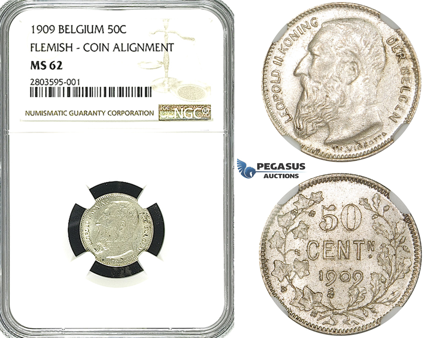 ZF53, Belgium, Leopold II, 50 Centimes 1909, Silver, NGC MS62 (Flemish, coin align.)