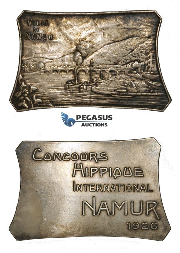 ZF54, Belgium, Namur City, Silver Plaque (68.22g) Horse contest 1926, Train, Boats, Railroad, Bridge, VF