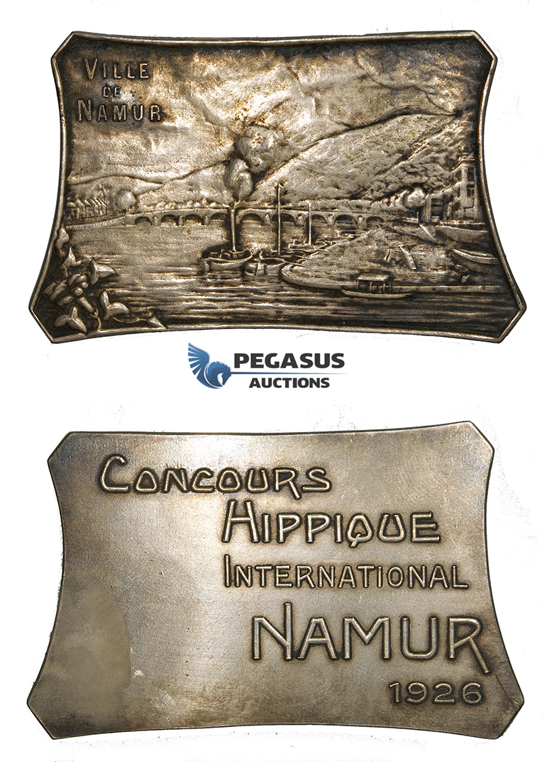 ZF54, Belgium, Namur City, Silver Plaque (68.22g) Horse contest 1926, Train, Boats, Railroad, Bridge, VF