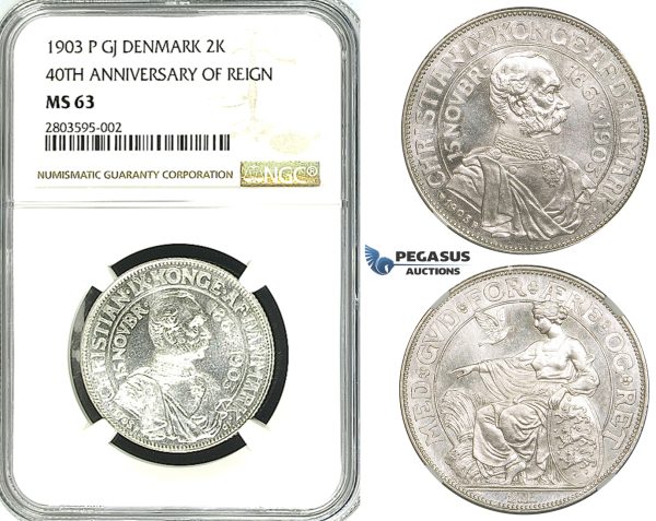 ZF59, Denmark, Christian XI, 2 Kroner 1903 "40th Ann. of Reign" Copenhagen, Silver, NGC MS63