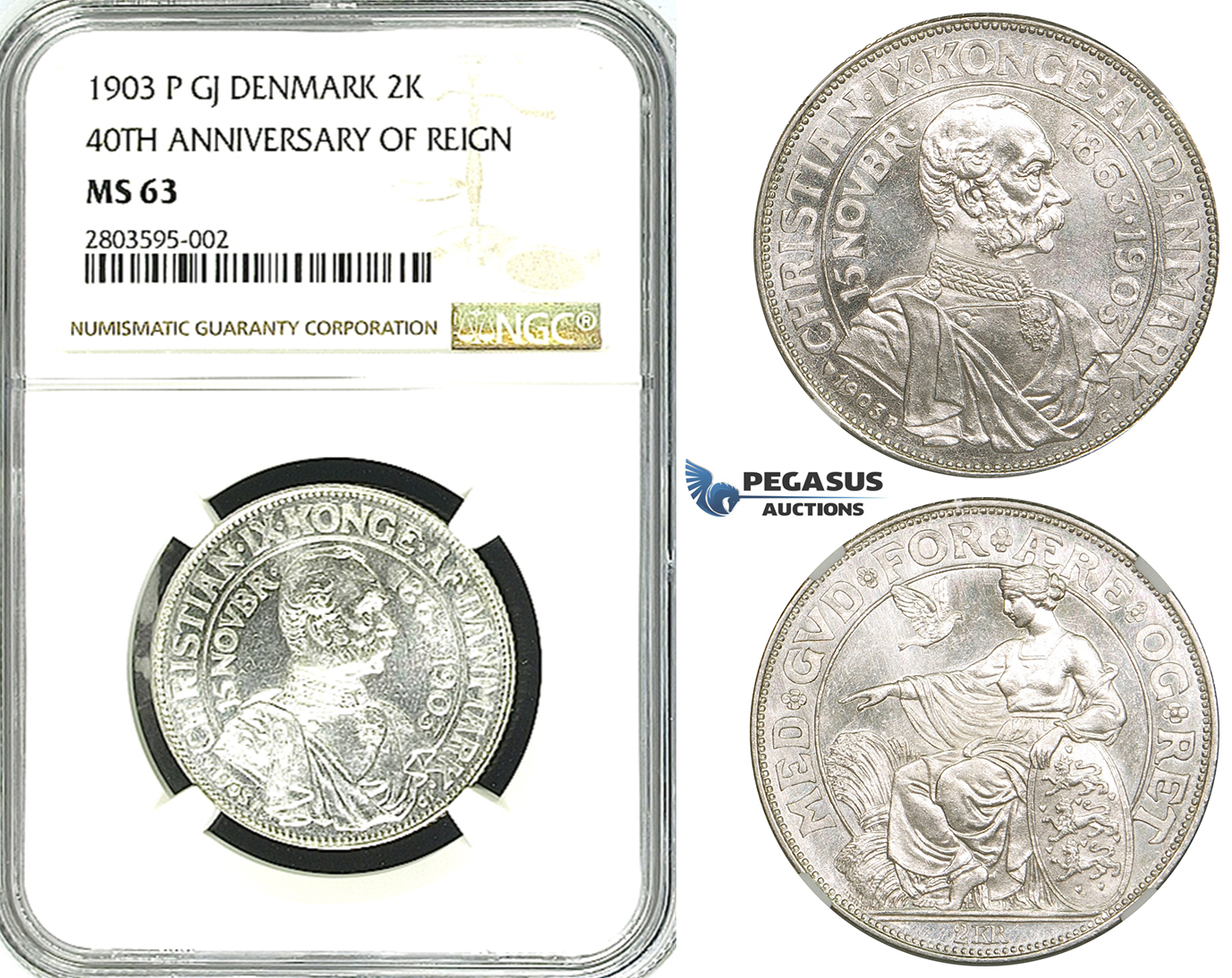 ZF59, Denmark, Christian XI, 2 Kroner 1903 "40th Ann. of Reign" Copenhagen, Silver, NGC MS63