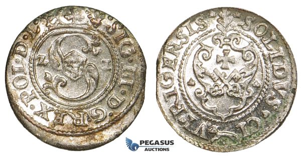 ZF72, Latvia, Sigismund III of Poland, Solidus 1621, Riga, Billon, Lustrous UNC (Verdigris spots)