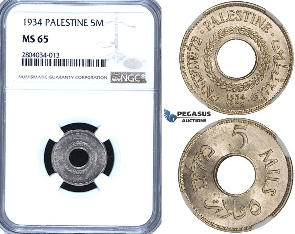 ZF74, Palestine, 5 Mils 1934, NGC MS65, Pop 2