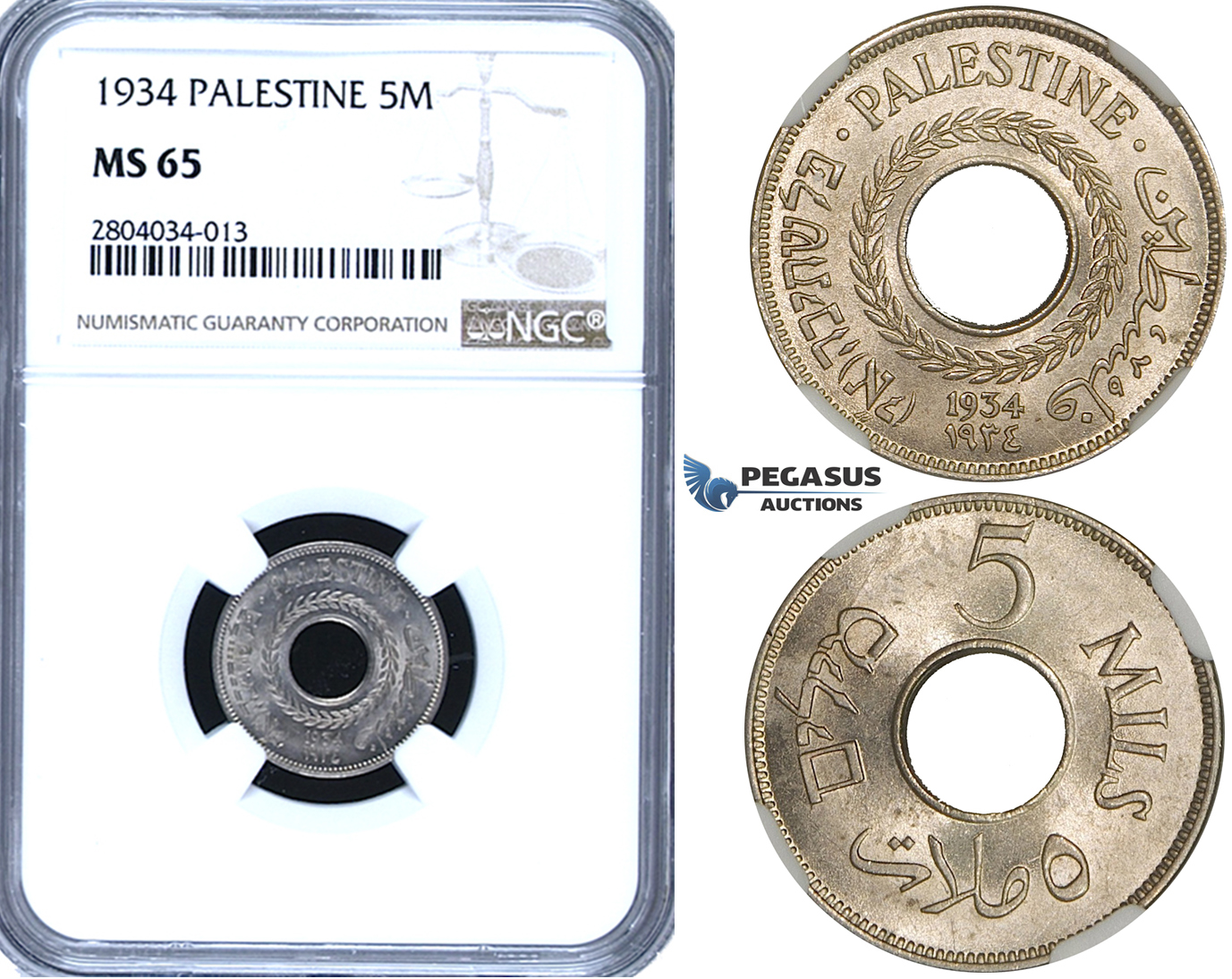 ZF74, Palestine, 5 Mils 1934, NGC MS65, Pop 2