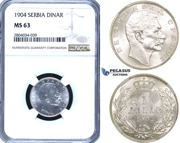 ZF92, Serbia, Petar I, 1 Dinar 1904, Silver, NGC MS63, Pop 1/0